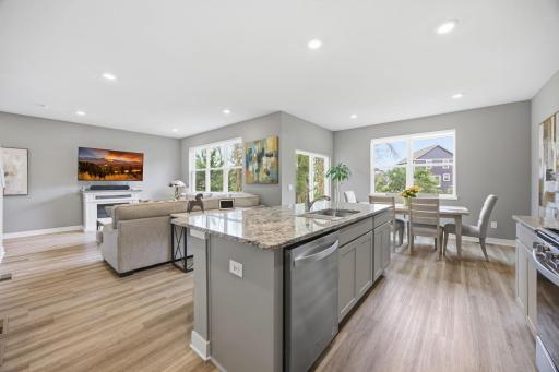 kitchen, living room and dining room