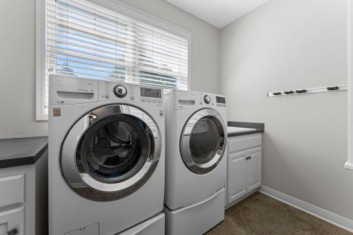 The laundry room includes an LG front-load washer and gas dryer, a utility sink, and drying racks. The large windows fill the room with natural light.