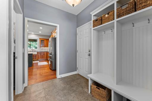 A view of the mudroom showing the flow from the garage to the mudroom and kitchen, making grocery unloading easy.