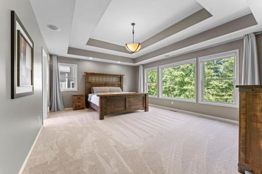 The primary suite is filled with natural light from the wall of windows overlooking the private backyard. It features a stunning multi-level tray ceiling, recessed lights and surround sound speakers.