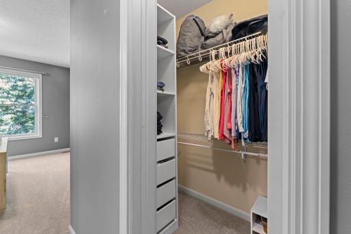 The second bedroom includes a walk-in closet with a pocket door and organizational system.