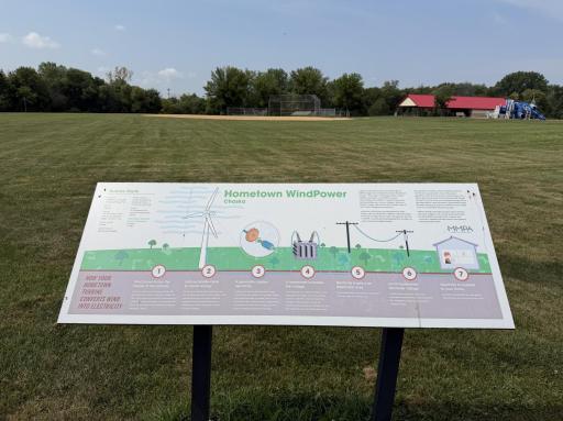 Local, carbon-free, renewable electricity is generated from Hometown WindPower Chaska near Pioneer Park.