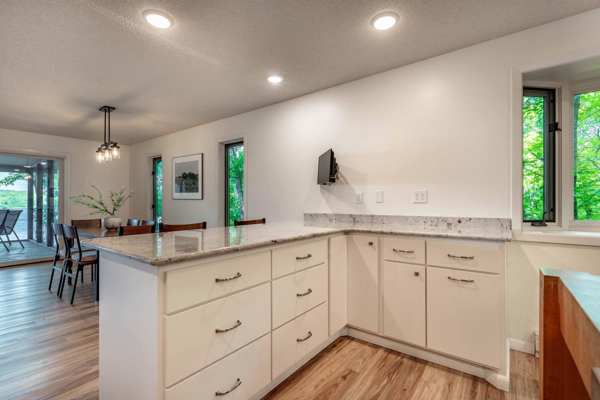 Updated quartz counter tops and bay window.