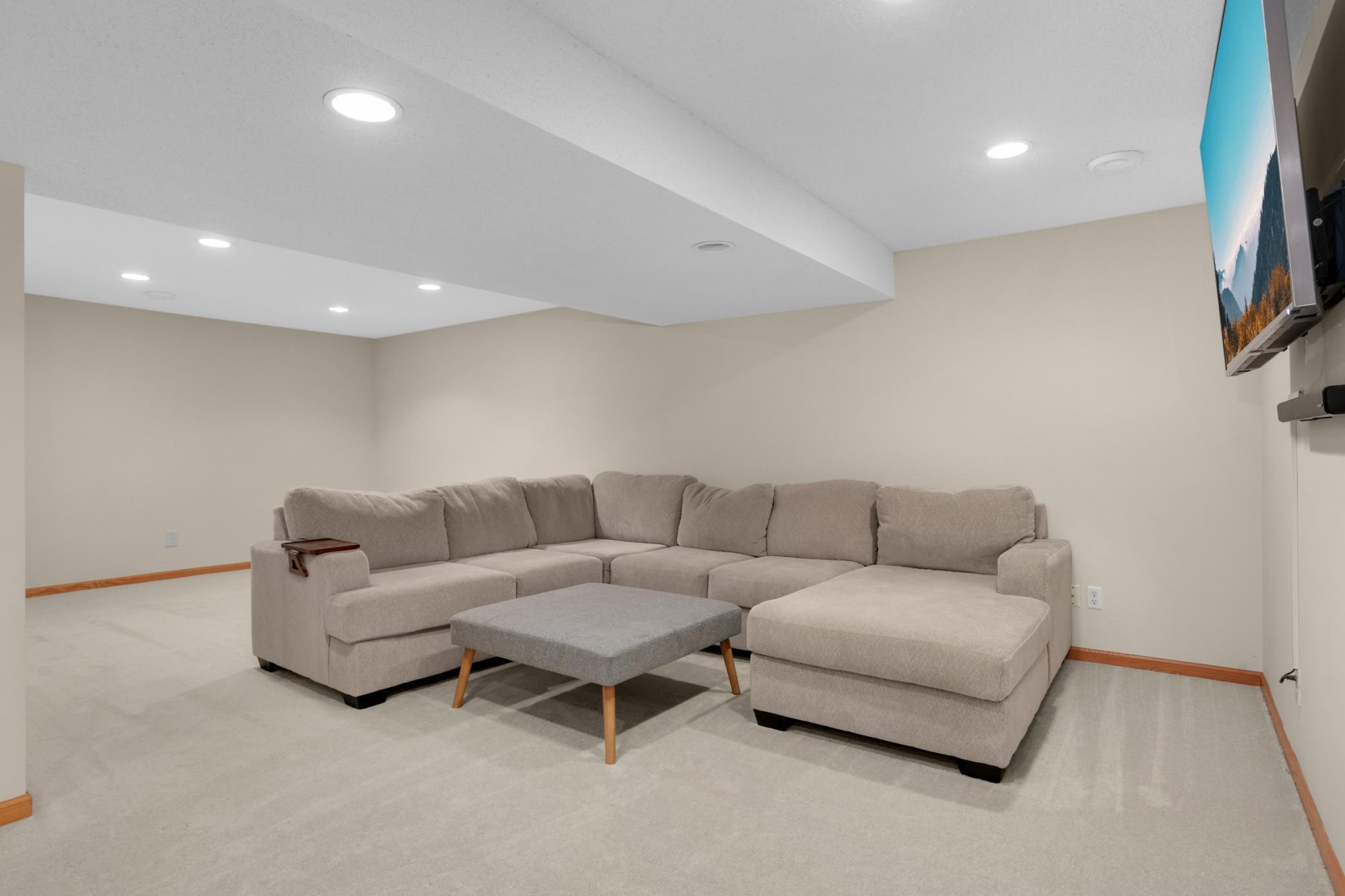 Down the stairs to the fully finished basement/rec room