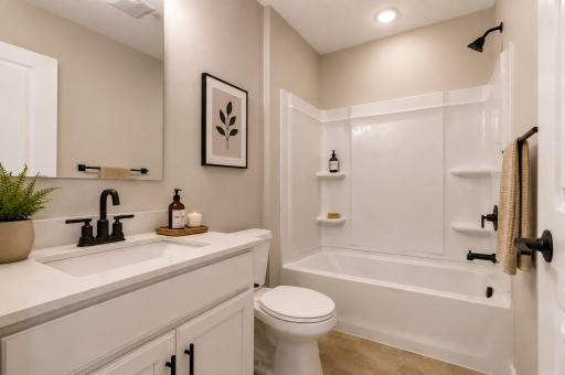 Upper level hall bath, AI staged
