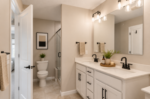 Owner’s Bath with Separate Shower & Double-Sink Vanity. AI Staged