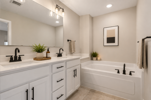 Spacious Owner’s Bath with Soaking Tub. AI Staged