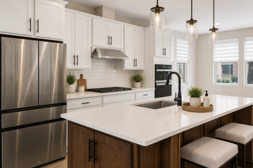 Chef style kitchen with terrific workspace. AI Staged