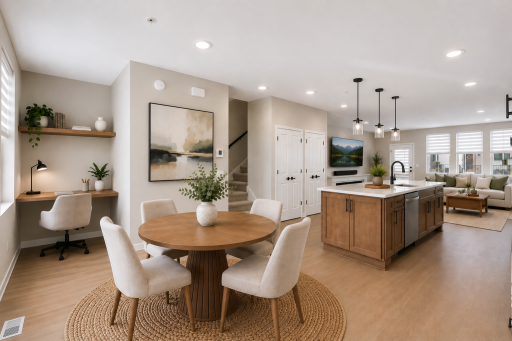 Designed for Everyday Living & Entertaining. The Dining Area, Kitchen, and Living Room flow seamlessly together in one bright, open space. AI Staged