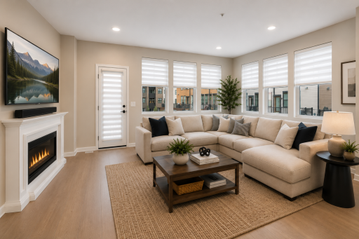 Bright, Open Spaces Designed for Everyday Living & Entertaining. Spacious Living Room with Deck access for grilling, custom window treatments with remote shades, and an electric fireplace. AI staged.