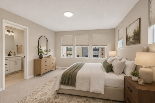 A Peaceful Owner's Retreat. Spacious and inviting with room-darkening shades for added comfort. AI Staged