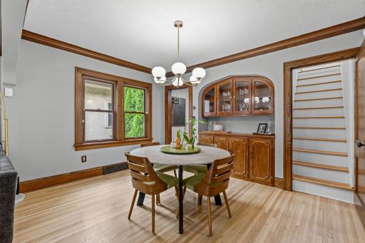 Spacious dining room with hardwood floors