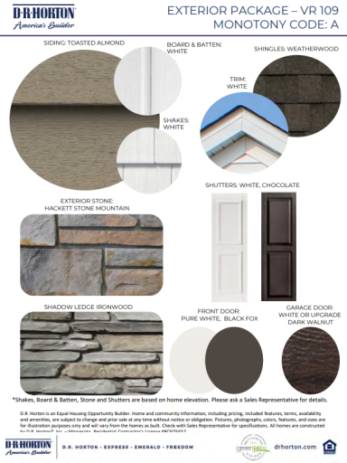 Exterior Color Package with Hackett Stone Mountain exterior stone, white garage doors and no shutters.