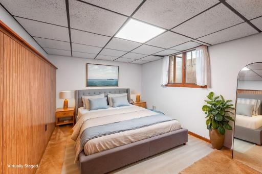 Virtually staged basement bedroom