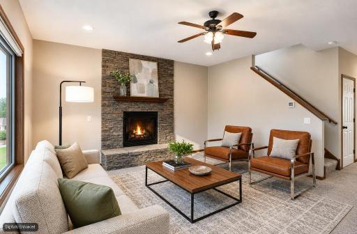Main Floor: Light-filled living room (staged) featuring soaring ceilings, expansive windows, and an inviting open-concept layout