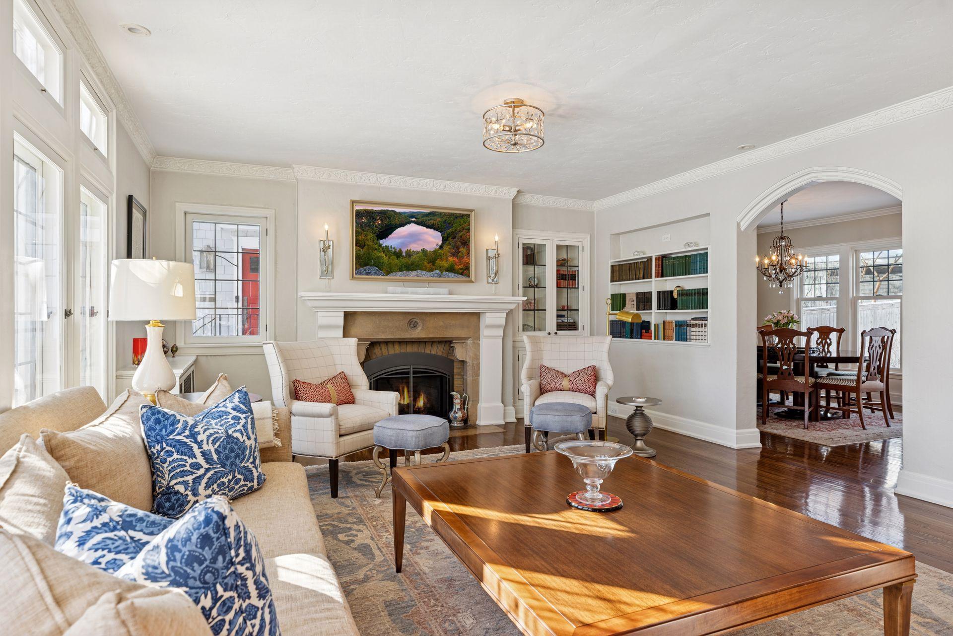 Natural light pours into this inviting gathering space