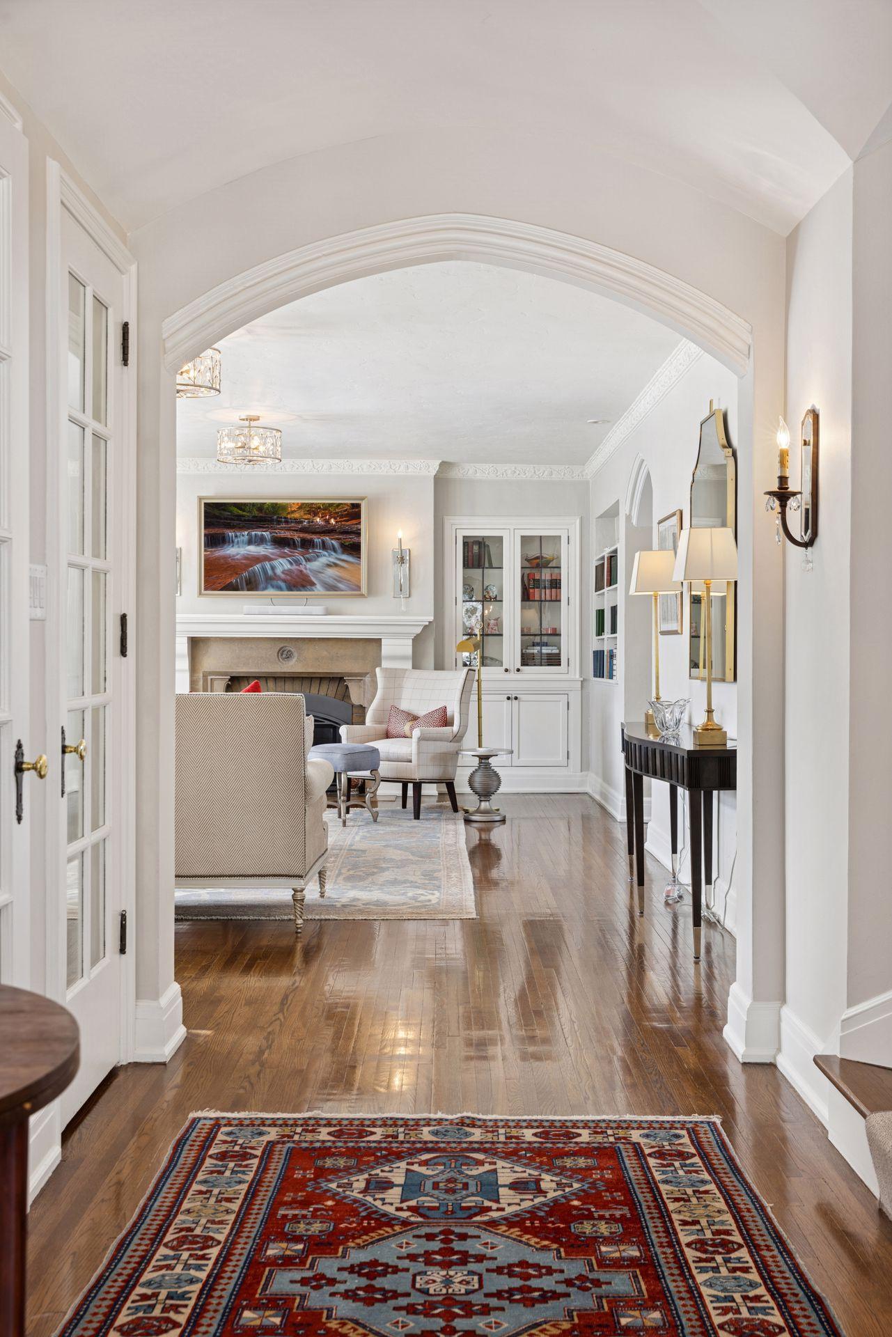 Rich architectural details and a natural flow create a living room that feels both elegant and effortlessly livable