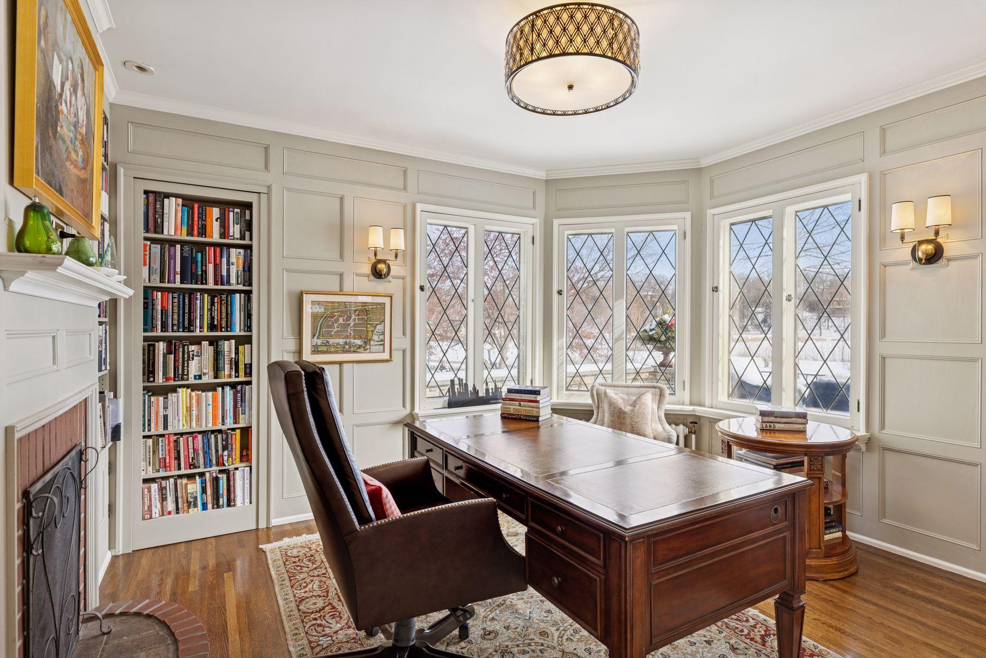 A hidden door adds a touch of intrigue—tucked behind the bookshelf, a surprise closet awaits