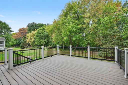 New maintenance free deck nicely overlooks the back yard. Notice the mature trees that provide excellent privacy.