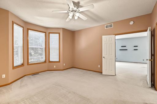 Primary bedroom on main level with ceiling fan.