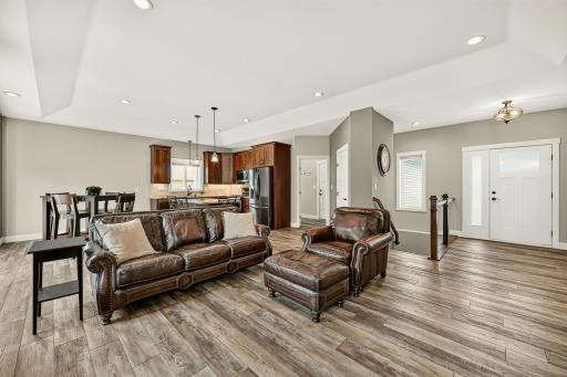 Open concept living room into kitchen layout.