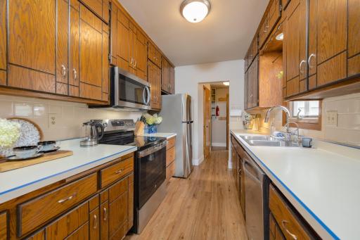 Plenty of countertop and cabinet space in the large kitchen