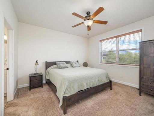 Main floor Owners Suite offers views of pondin backyard plus assures your privacy since no other homes can be built behind your home. Fan/light keeps you cool during summer months.