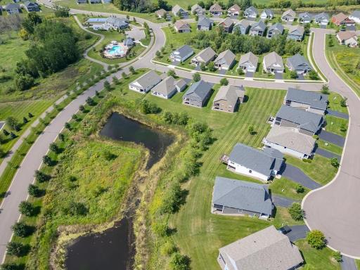 Overhead shot of the Laurel Creek Neighborhood near the Community Center and pond.
My Sellers home is the 3rd house backing up to the pond......private location with no homes directly behind .