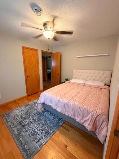 3rd bedroom on the main level. Closed door is the closet open door heads out to the hallway where the other 2 bedrooms are located and the full bath.