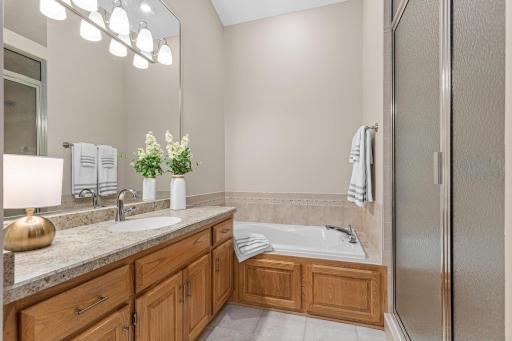 Calgon take me away! Luxurious owner's bath features new countertops, fixtures, lighting and toilets. Have your own spa day at home, complete with a steam shower!