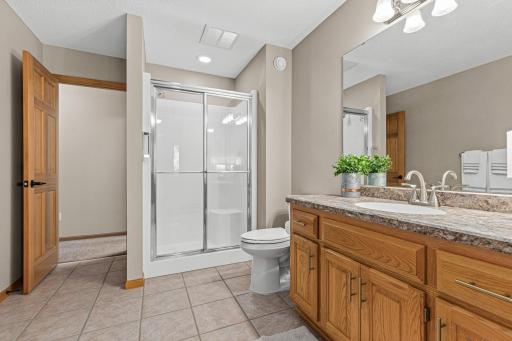 Updated lower-level bathroom features a new countertop, faucet, lighting and toilet. This oversized space is perfect for guests and those needing extra room to prepare for the day.