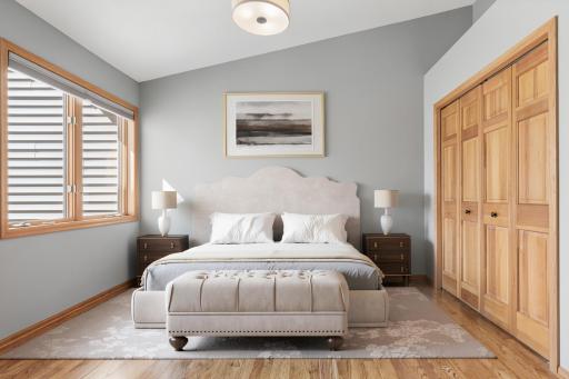 The second bedroom is located on the main floor and is perfect for guests, additional family members or used as an office. Great southern exposure- allowing for extra sun and brightness. Visually staged.