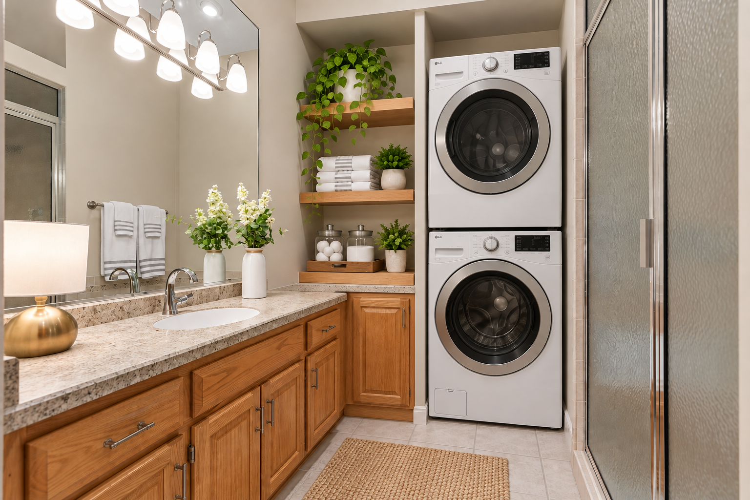 Photo has been altered to show a potential configuration/location for main level laundry. Please note this is not the current look of this bathroom- but shows a possibility.