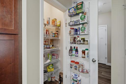 Kitchen Pantry Featuring Ample Shelving, Door Mounted Storage, and an Automatic Light for Added Functionality