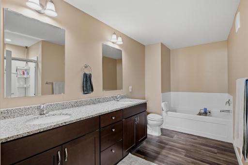 Private Primary Full Bathroom with Dual Vanities, Relaxing Soaking Tub and a Convenient Step-in Shower