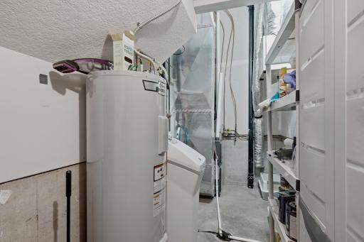 Lower-Level Utility Room. Electric 50 Gallon Water Heater, Water Softener, Gas Furnace, Air Exchanger. (Storage Cabinets and Shelving May Remain with the Home)