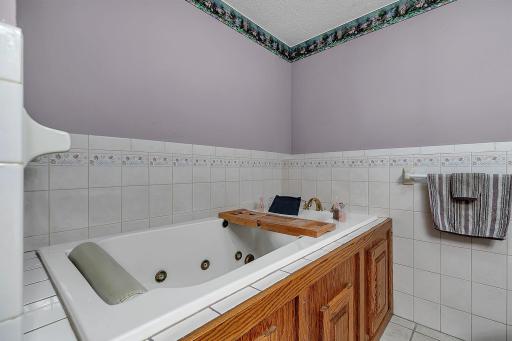 Relax and unwind in the large Jacuzzi-style soaker tub in the lower-level bathroom.