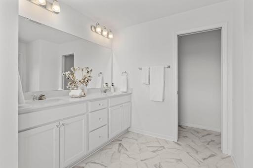 Dual sink in master bath with shower and lots of natural light