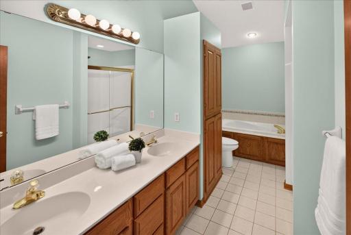 Primary bath with dual sinks, jacuzzi bathtub and separate walk-in shower.