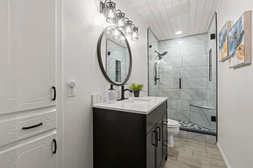 The beautifully updated lower level bathroom features a tiled shower, quartz vanity top and stylish modern finishes.