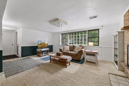 Large lower-level family room with abundant natural light from a wall of windows and plenty of space for multiple seating or activity areas.