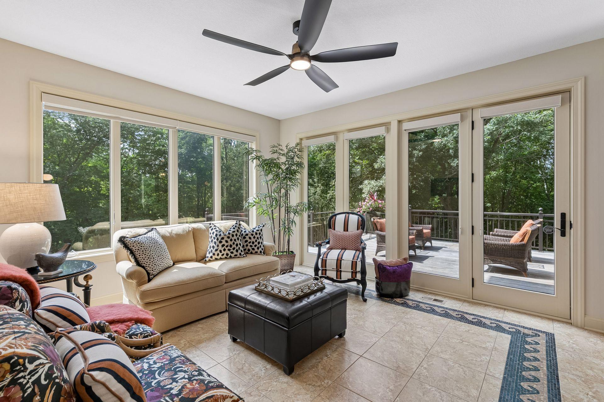 Mosaic tile flooring which leads to the deck