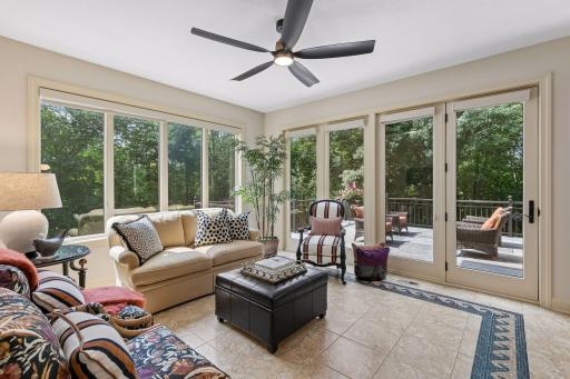 Mosaic tile flooring which leads to the deck