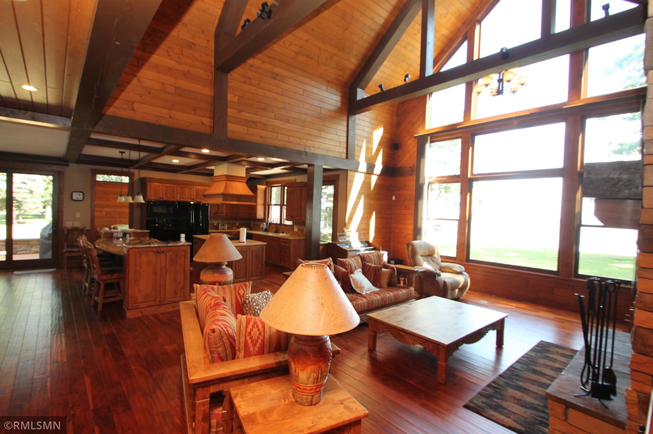 Open living room, kitchen and dining room.