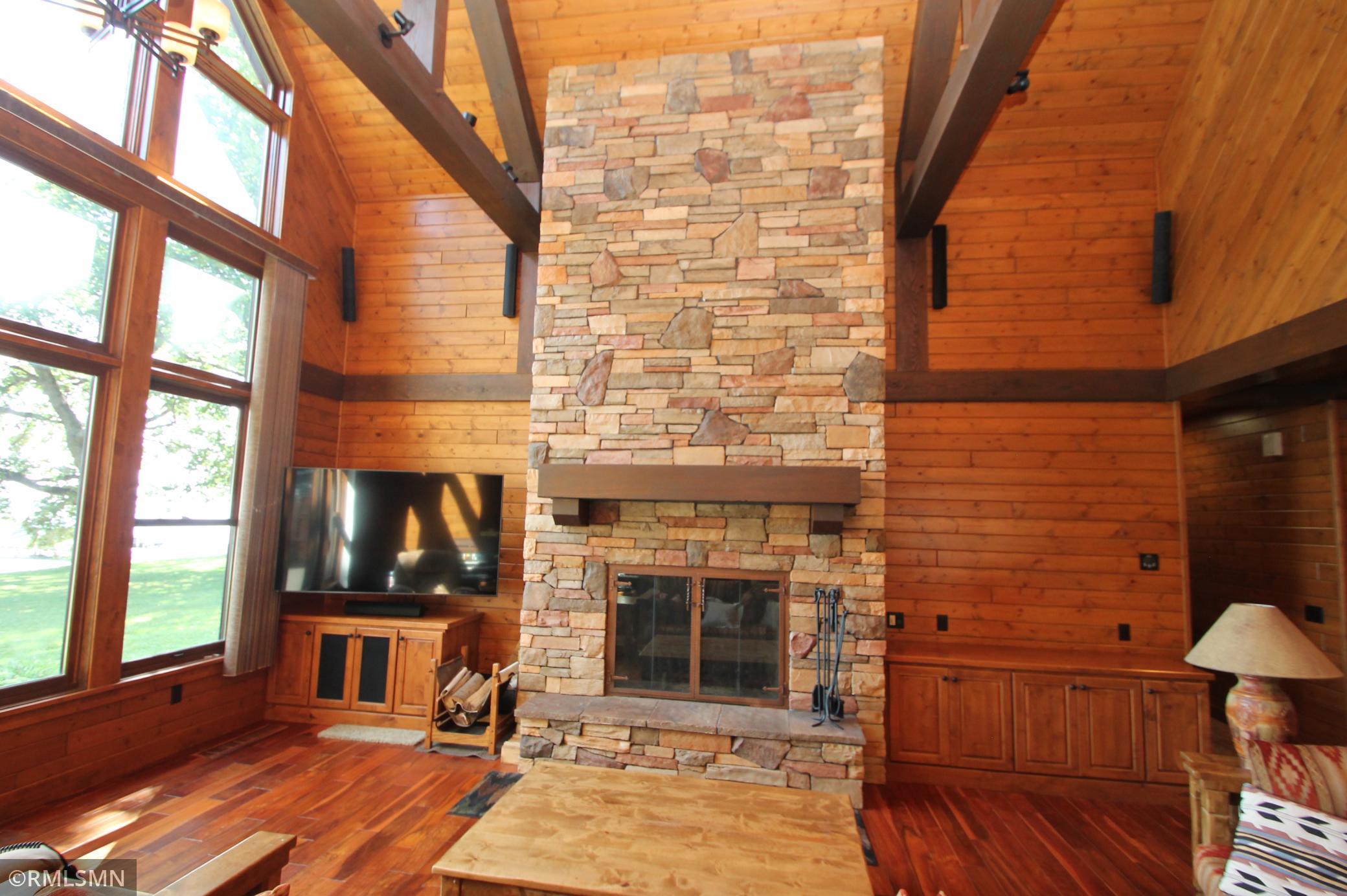 Soaring stone fireplace