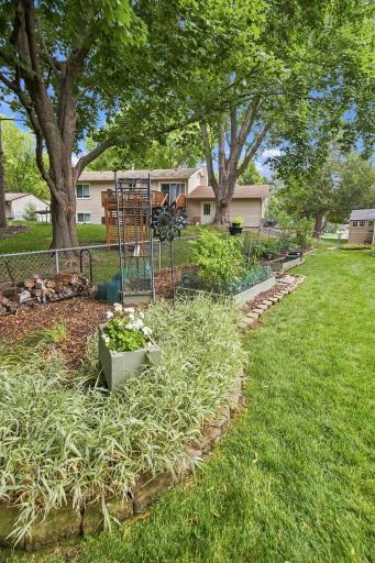 Established garden area with raised planting beds