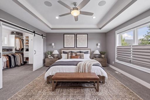 Virtual Staging spacious primary ensuite features expansive custom-built walk-in closet, tray vault ceiling, large windows