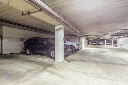 Included underground heated garage spaces #100 and #138 provide convenient, protected parking for two vehicles.