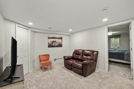 Finished lower-level family room with new carpet and additional living space.