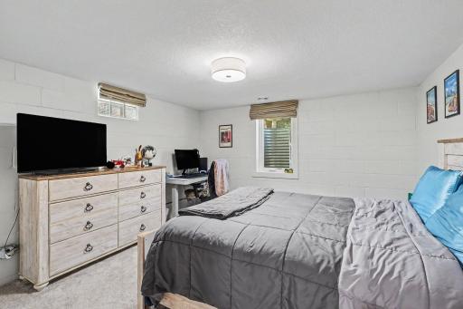 Lower-level third bedroom with egress window, closet, and finished walls.